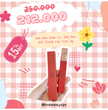Son Kem Siêu Lì, Mịn Môi 3CE Cloud Lip Tint 4g 